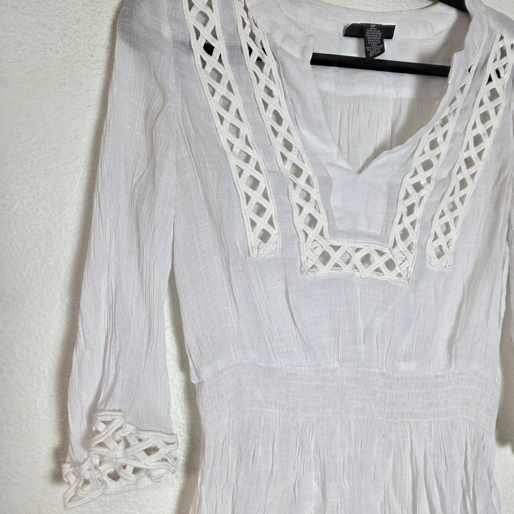 Alfani Petite 8P White Crochet Cutout V Neck 3/4 Sleeve Boho Blouse - Picture 4 of 6
